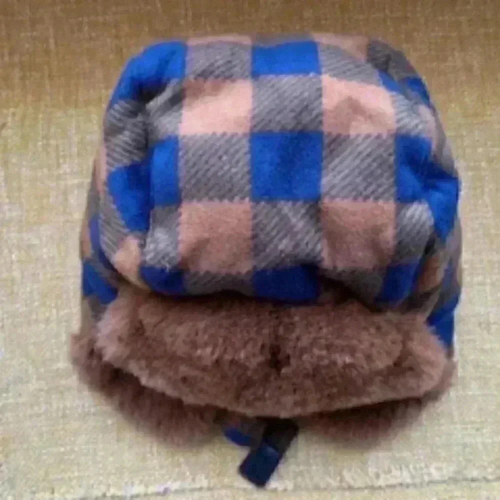 Gymboree‎ Trapper hat w/ ear flaps Brown And Blue Plaid Fur Lined Hat Cap